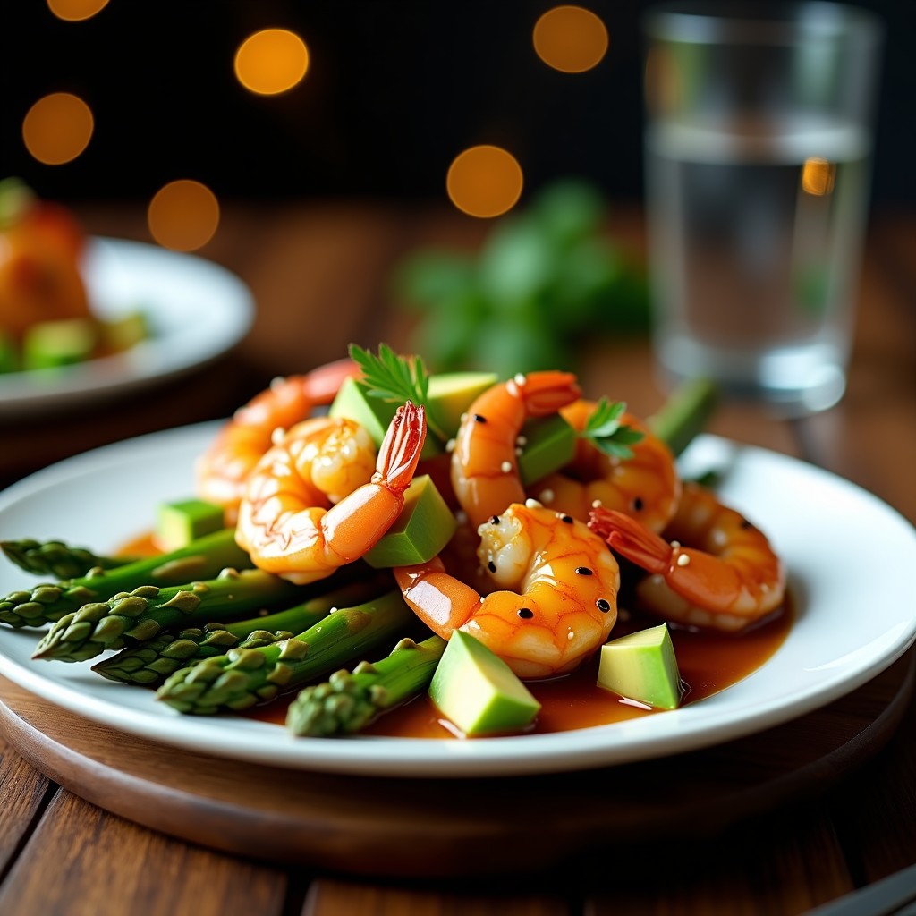 Wok de espárragos trigueros y gambas con salsa de soja y miel en airfryer, servido en un bol negro con semillas de sésamo espolvoreadas. Los espárragos verdes y las gambas rosadas brillan con la salsa oscura, acompañados de tiras de pimiento rojo y cebolla morada. Plato de cocina china saludable y colorido.