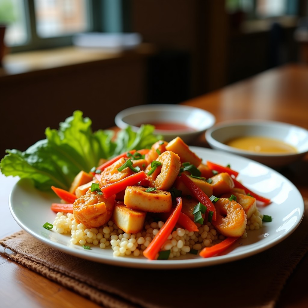 Wok de espárragos trigueros y tofu ahumado en airfryer, servido en un plato hondo de cerámica blanca con semillas de sésamo y cacahuetes picados por encima. Los espárragos brillantes y el tofu dorado destacan con la salsa espesa y oscura. Receta china alta en proteína y vegana.
