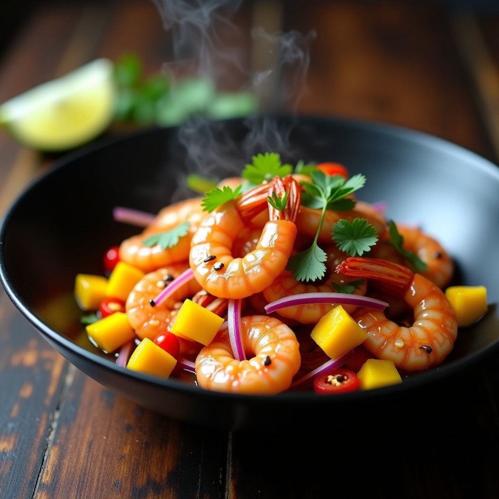 Plato hondo de cerámica blanca con wok de gambas rosadas salteadas, trozos dorados de mango maduro, chile rojo fresco y cilantro verde, decorado con cacahuetes tostados y gajos de lima, sobre fondo de madera oscura.