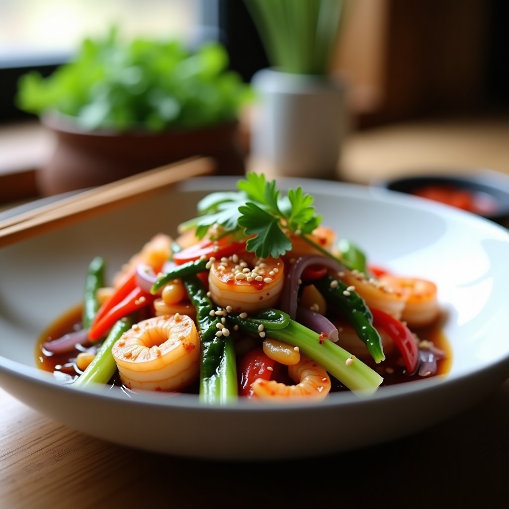 Wok de Garnelen con Bok Choy y salsa de ostras vegana tailandesa, servido en plato hondo con semillas de sésamo y cilantro fresco, colores vibrantes y textura jugosa.