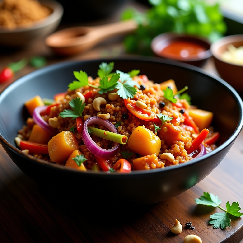 Wok de jackfruit desmenuzado con salsa de tamarindo y anacardos tostados, servido en un plato hondo de cerámica oscura con arroz basmati y cilantro fresco. Receta vegana indo-tailandesa.