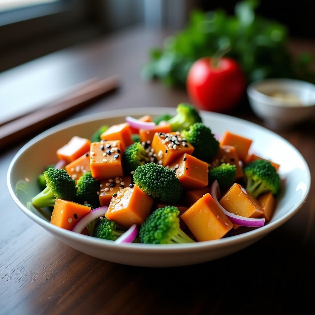 Wok de tempeh dorado y brócoli verde vibrante con salsa teriyaki brillante, espolvoreado con semillas de sésamo, servido en bowl negro sobre fondo de madera oscura. Receta vegana rápida y alta en proteína.