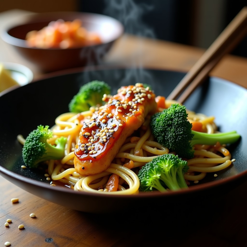 Wok humeante con teriyaki de pollo dorado, brócoli verde vibrante y fideos de calabacín al dente, espolvoreado con semillas de sésamo negro y blanco. Plato keto bajo en carbohidratos con salsa teriyaki brillante y hilos de huevo integrados.