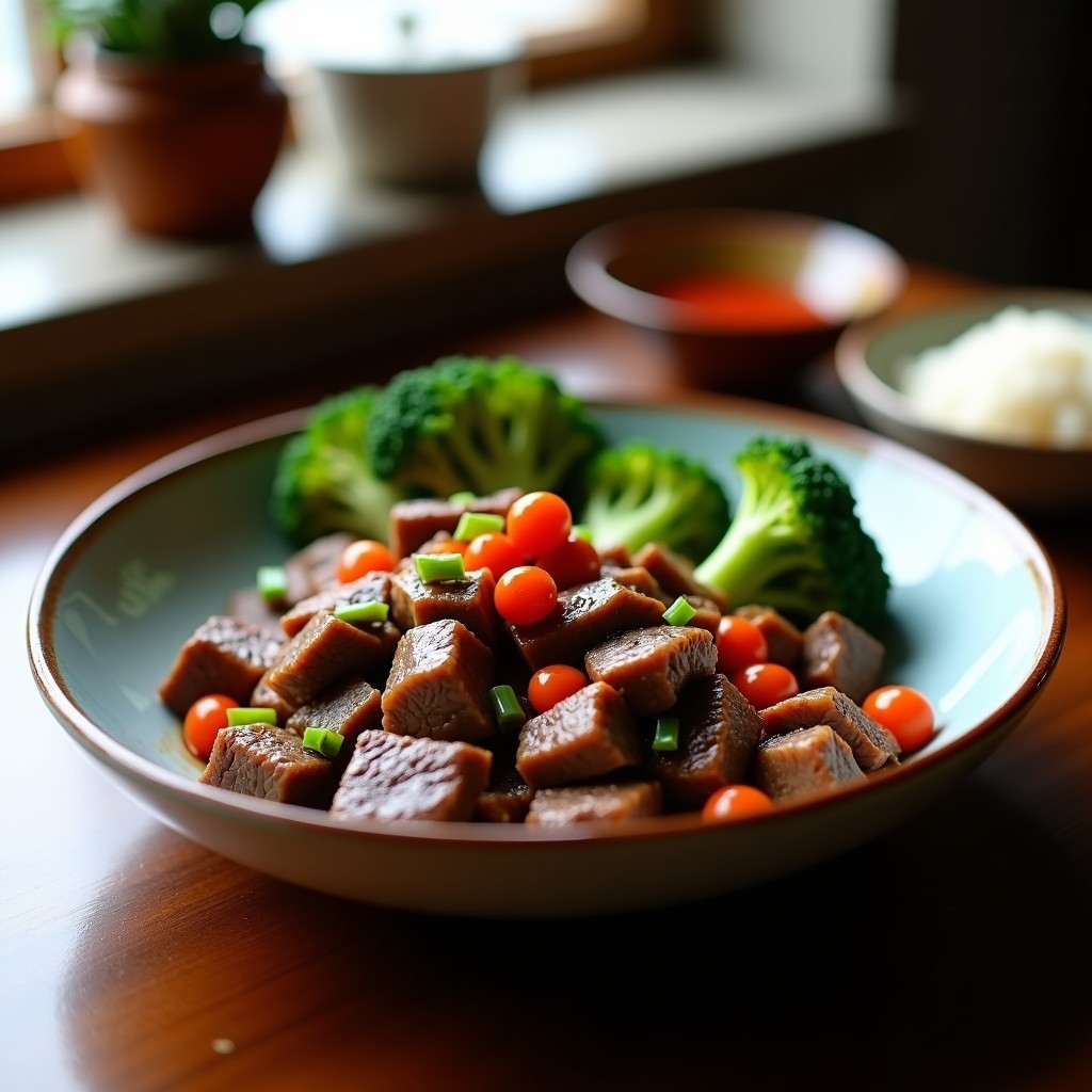 Wok humeante con ternera en tiras doradas, brócoli verde vibrante y trozos de ciruela umeboshi, espolvoreado con semillas de sésamo. Plato de fusión japonés-china con fondo de madera oscura y utensilios de cocina tradicionales.