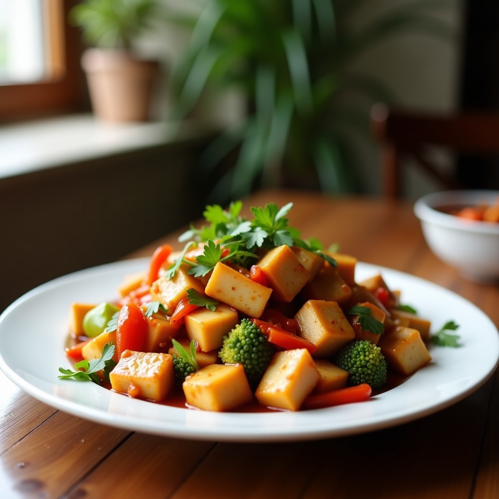 Bol de cerámica negra con wok de tofu ahumado dorado, vegetales coloridos (pimiento rojo, zanahoria juliana y brotes de soja) bañados en salsa teriyaki brillante, espolvoreado con semillas de sésamo. Plato vegano en Thermomix con fondo de mesa de madera rústica y palillos chinos.