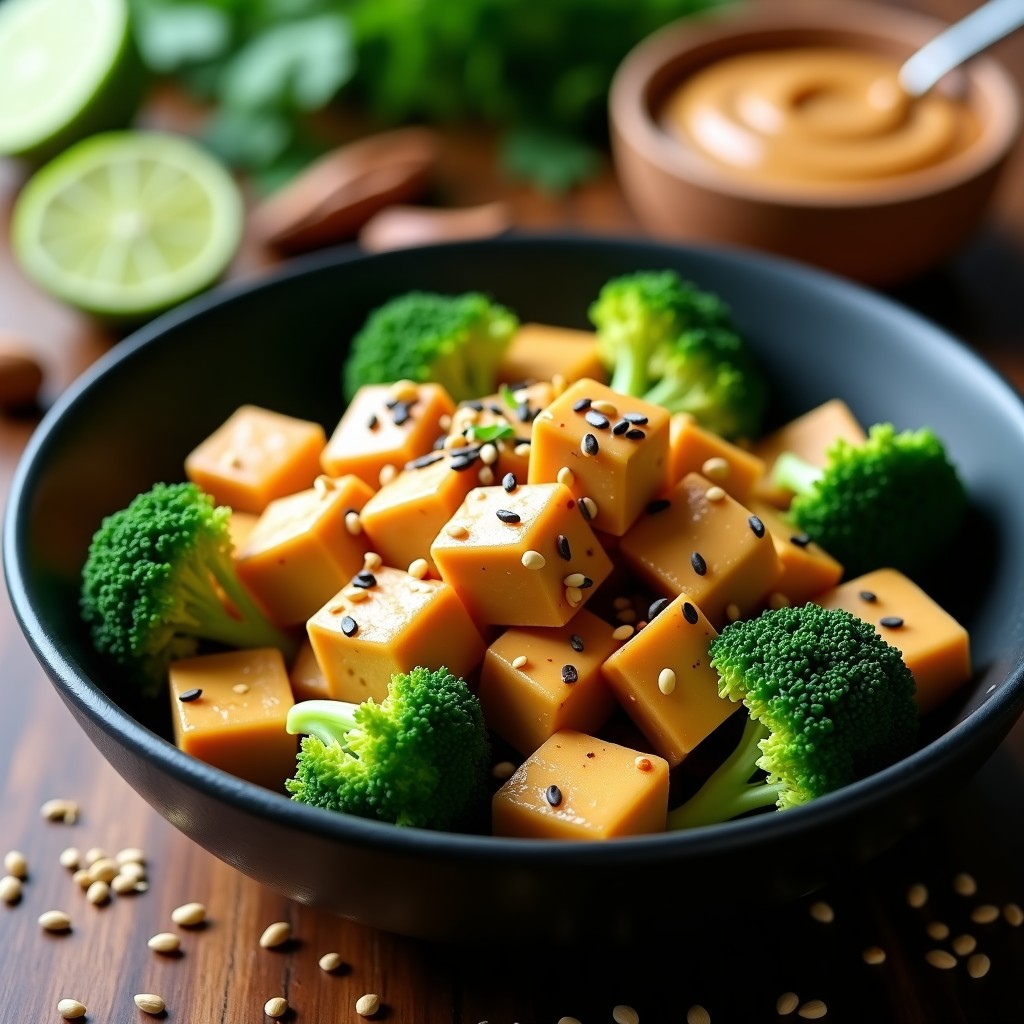 Wok colorido de tofu dorado y brócoli verde brillante con salsa de cacahuete cremosa, decorado con semillas de sésamo y aceite de sésamo tostado, servido en un bol de cerámica negra. Receta vegana en Thermomix baja en calorías.