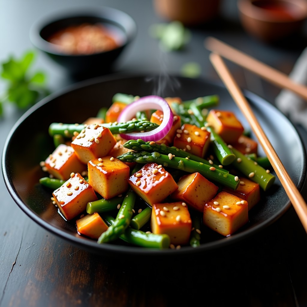 Wok de tofu dorado y espárragos trigueros salteados con salsa teriyaki brillante, decorado con semillas de sésamo y cebolla morada. Plato colorido y apetecible de cocina china sin gluten, servido en un wok negro tradicional.