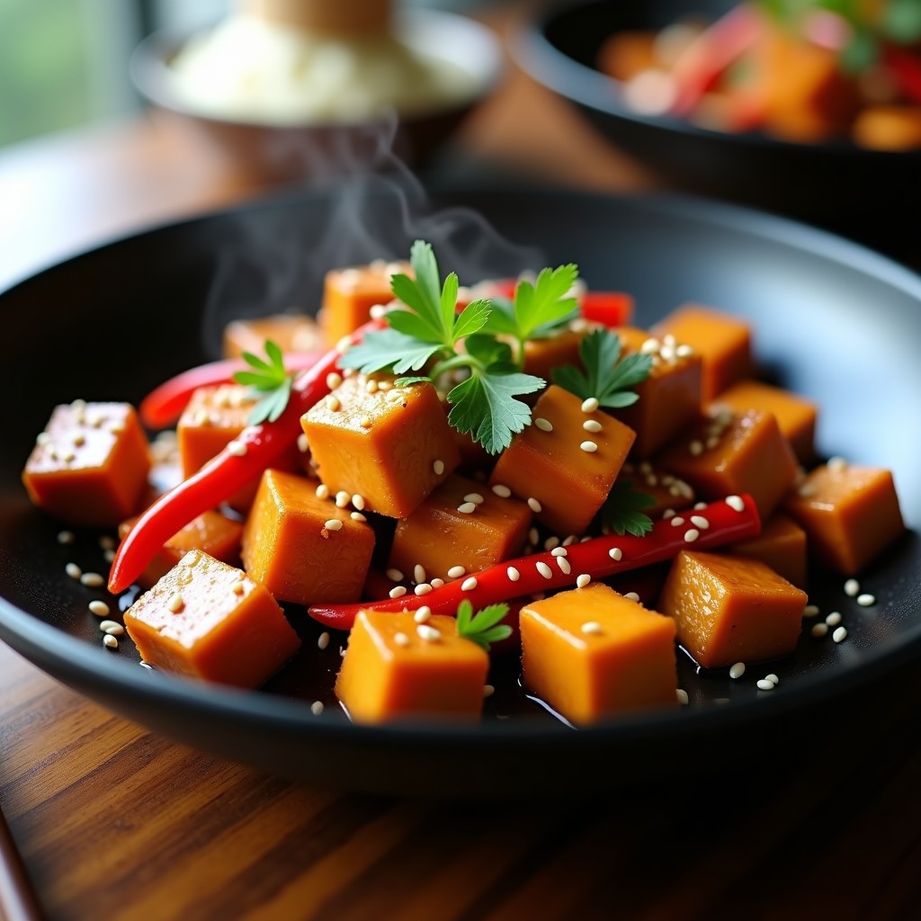 Wok de Tofu Fermentado con Bambú y Pimientos de Padrón: Receta China Picante en 10 Minutos