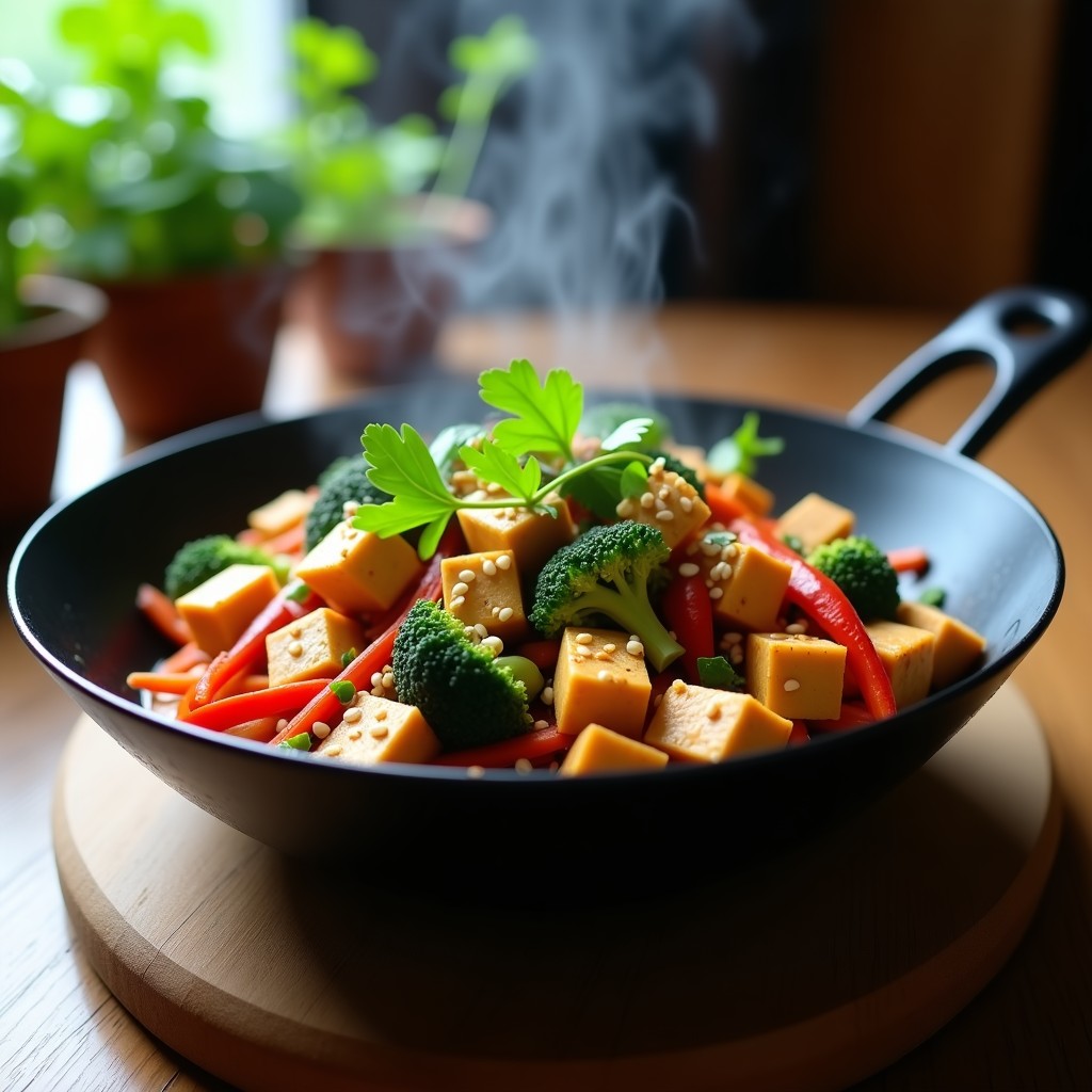 Wok colorido con tofu dorado, brócoli morado, pimiento rojo y zanahoria juliana, bañado en una salsa cremosa de cacahuete y lima. Espolvoreado con cilantro fresco y semillas de sésamo tostadas. Plato vibrante y saludable, receta asiática vegana.