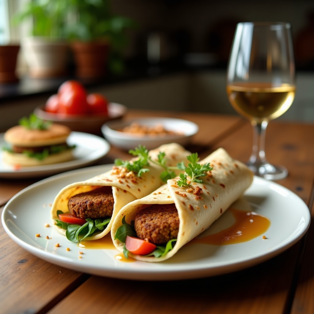 Plato con wraps de lechuga romana rellenos de falafel dorado de garbanzos negros, pimiento rojo asado, germinados de rábano y salsa cremosa de tahini, sobre fondo rústico de madera con ingredientes dispersos.