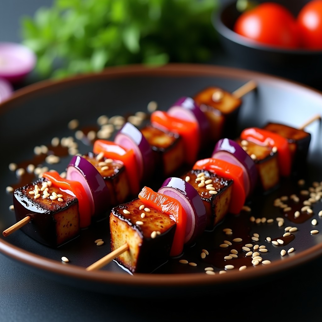Brochetas de yakitori de berenjena glaseada con salsa teriyaki brillante, decoradas con semillas de sésamo y servidas sobre un plato de madera oscuro con fondo minimalista japonés.