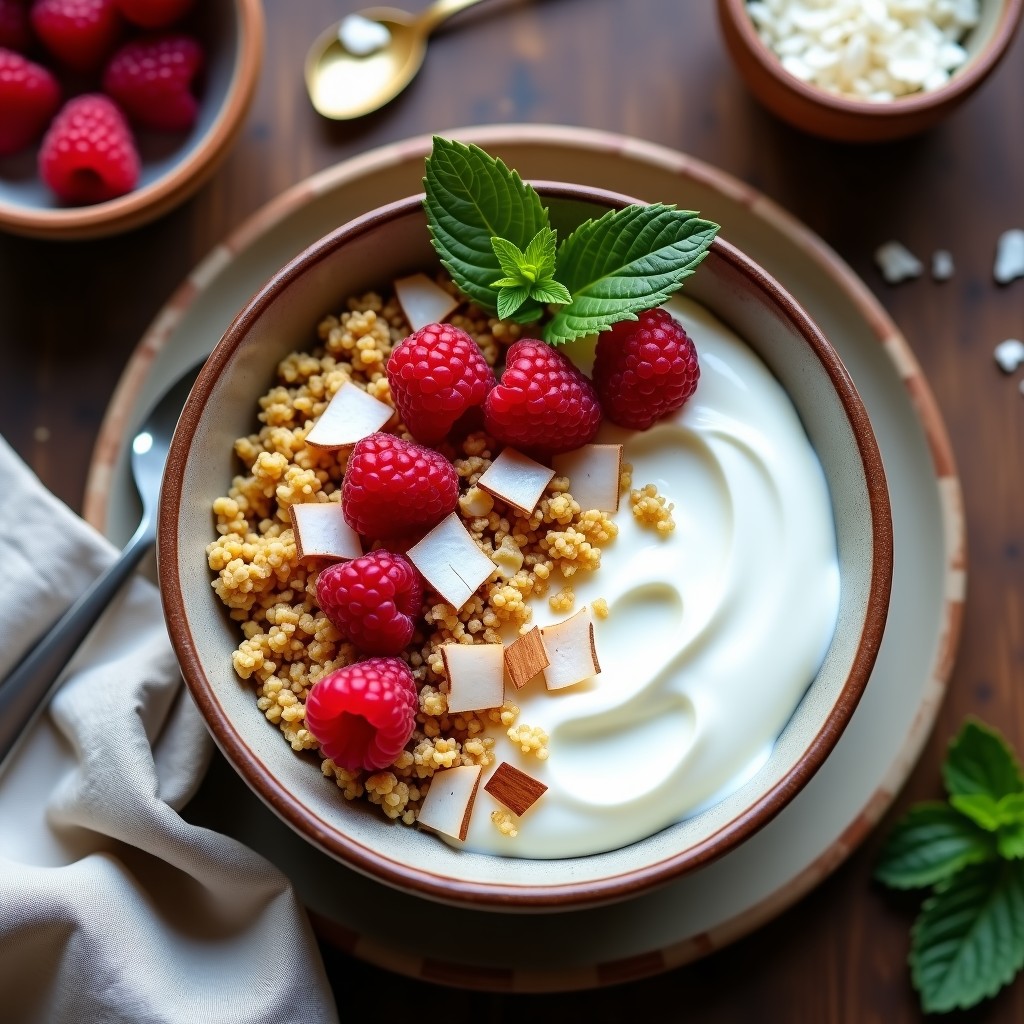 Bowl de yogur griego cremoso con granola dorada de quinoa inflada, semillas de cáñamo y almendras fileteadas, decorado con frambuesas frescas y coco rallado. Desayuno alto en proteína y sin azúcar.