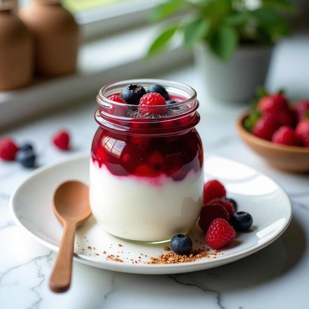 Vaso transparente con capas de yogur de soja cremoso, compota de frutos rojos vibrante y semillas de chía negras. Decorado con almendras fileteadas tostadas y un hilo de miel de agave, sobre una mesa de madera rústica con frutos rojos frescos al lado.