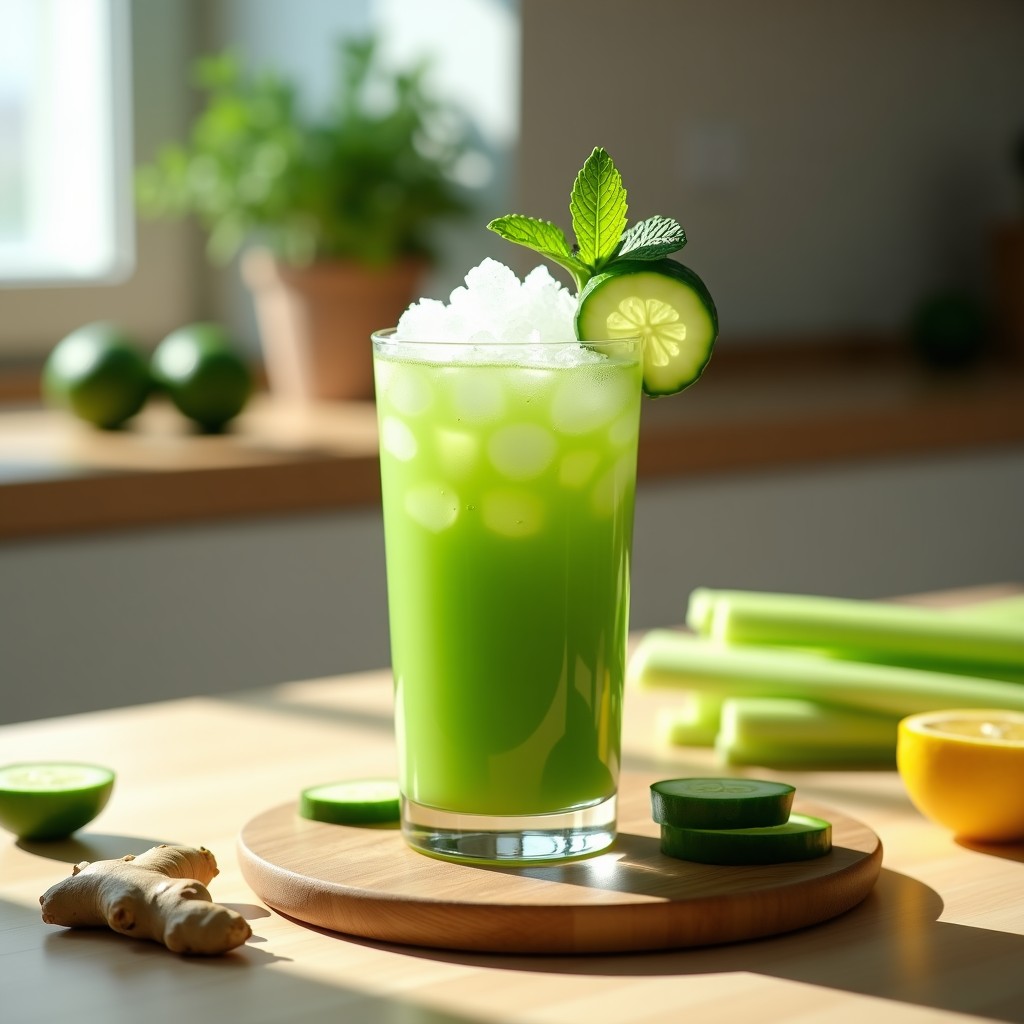 Vaso alto transparente con zumo detox de apio, pepino y jengibre, decorado con hielo picado, rodaja de pepino y hoja de menta, sobre fondo de madera clara con ingredientes frescos alrededor.